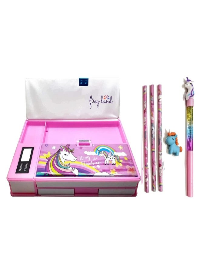 JOY LAND Unicorn Double Sided Jumbo Magnet Pencil Geometry Box and 3 pencil, 1 Eraser, 1 Pieces Glitter Pen Combo for Girls (Random Design, Pink) - Image 1